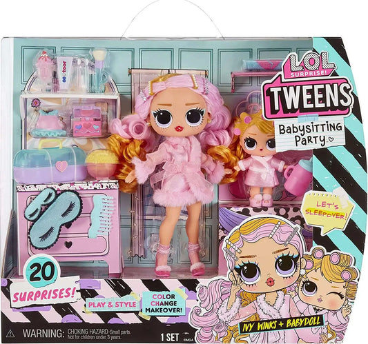 Front-facing packaging display showing two pink-haired LOL Surprise Tweens dolls with accessories and playset components visible behind clear plastic.