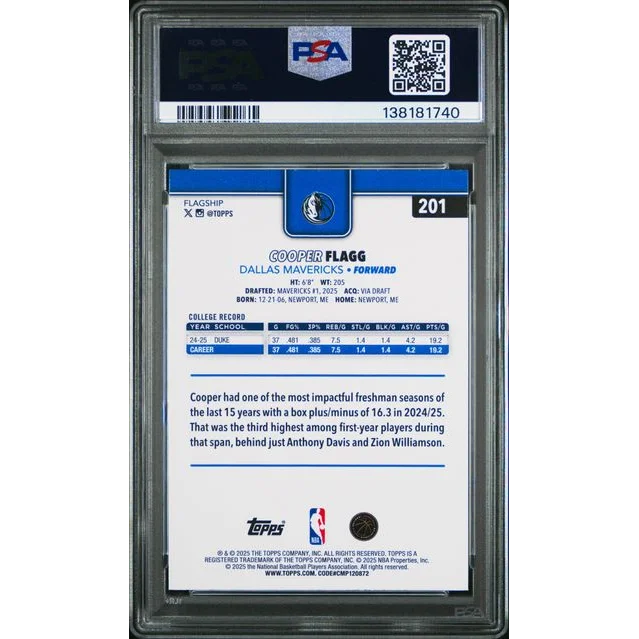 Graded 2025 Topps Cooper Flagg #201 Rookie RC Basketball Card PSA 10 Gem Mint | PSA 10 Gem Mint Graded Rookie Card | vintageantiquesgifts.com