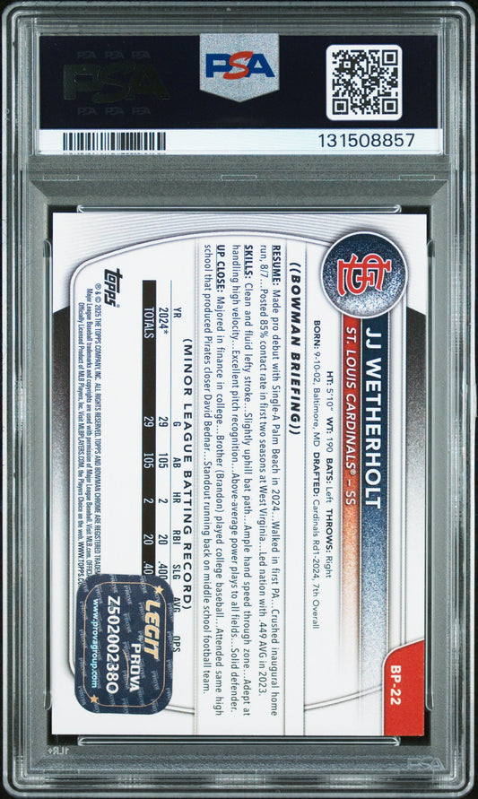 Back of graded PSA 10 baseball card showing player statistics, career information, and authentication details with barcode and QR code visible.