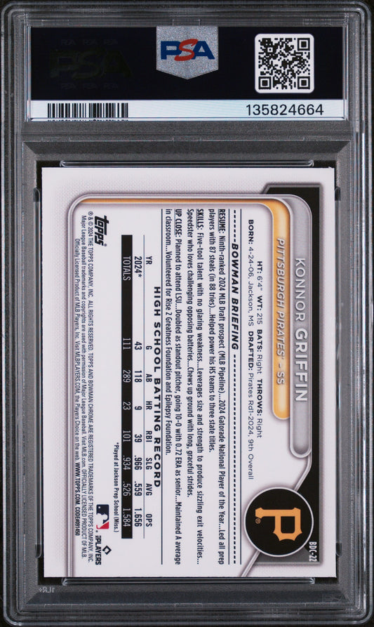Reverse side of PSA-graded baseball card showing player statistics, career information, and Pittsburgh Pirates logo on white background with orange and silver accents.