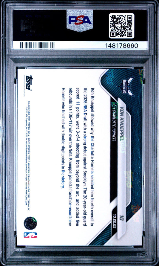 Back of graded trading card in PSA holder showing player statistics text, Charlotte Hornets logo, card number 10, and PSA certification details with barcode.