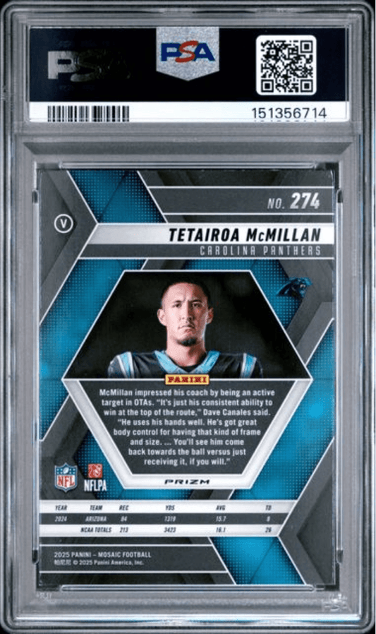 Front view of graded sports card in PSA case showing Carolina Panthers player portrait with blue hexagonal design and stat information visible.