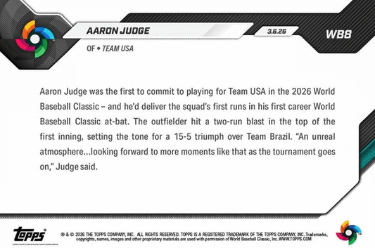 Front of 2026 Topps Now World Baseball Classic Aaron Judge card featuring player name, team affiliation, and biographical text on white background.