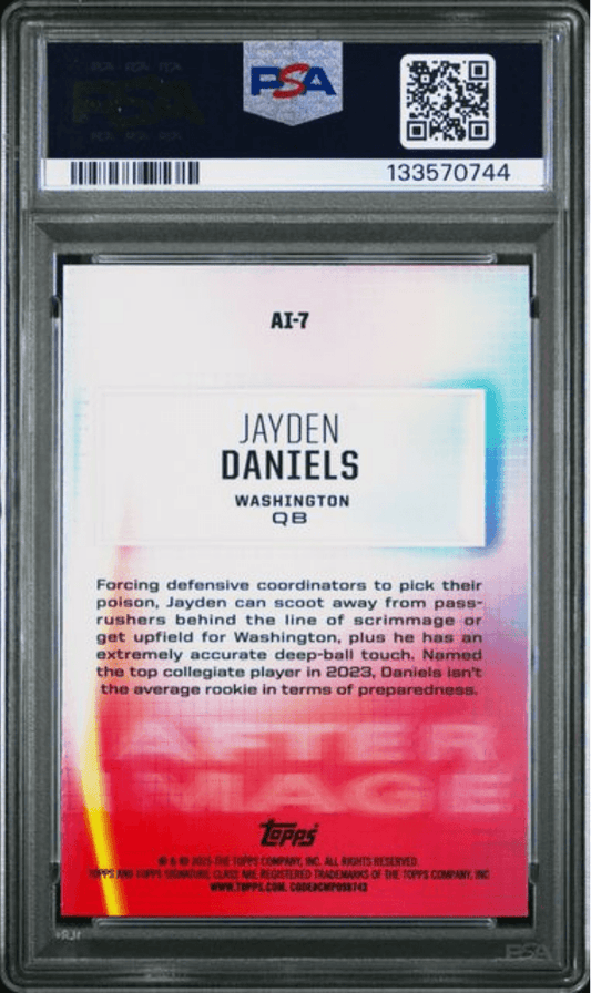 Back of PSA-graded Jayden Daniels rookie card showing player biography text on gradient red-to-pink background with Topps branding.