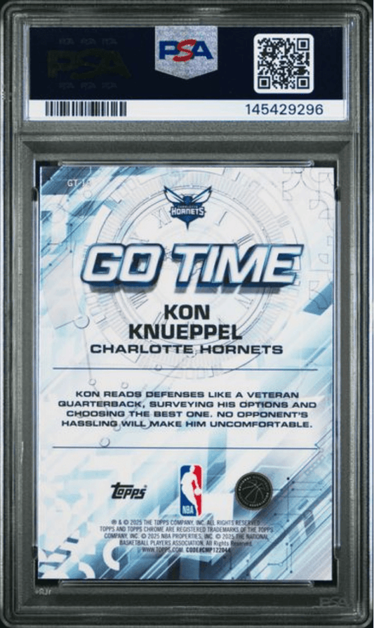 Back of graded basketball card showing Kon Knueppel Charlotte Hornets rookie card in PSA holder with barcode and QR code visible.
