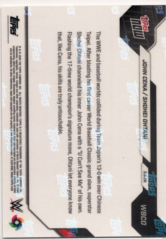 Reverse side of baseball card showing printed text describing card details and player information on cream-colored background with Topps and WWE logos.