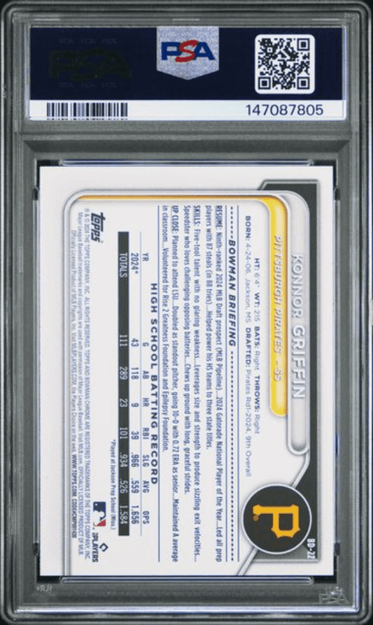 Back of graded 2024 Topps Bowman Draft Konnor Griffin rookie baseball card in PSA holder showing statistics and player information text.