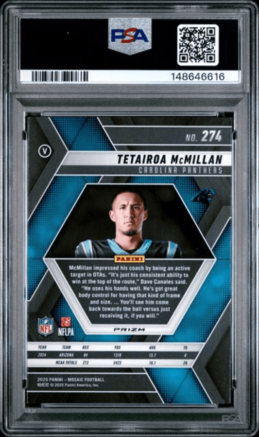 PSA-graded trading card in protective case showing Tetairoa McMillan in Carolina Panthers uniform with blue reactive design and statistics.