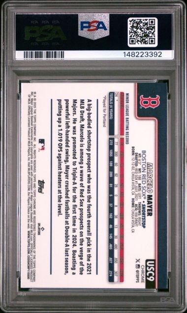 Reverse side of graded baseball card showing printed text, statistics, and PSA certification label with barcode.