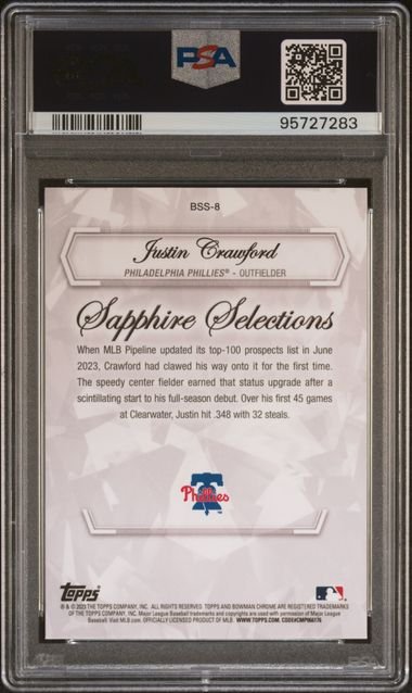 Back of graded baseball card showing Justin Crawford Philadelphia Phillies text and PSA certification label with barcode.