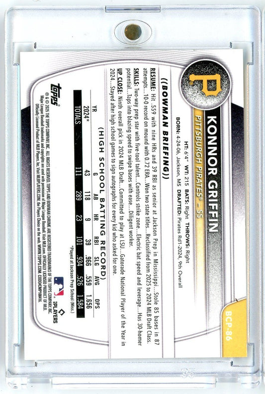 Reverse side of 2025 Bowman Chrome Konnor Griffin baseball card showing stats, career highlights, and gold refractor parallel designation details.