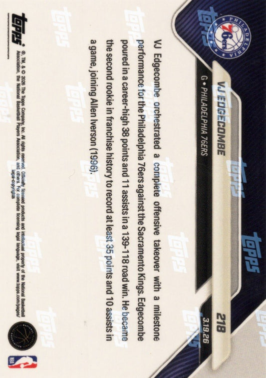 Reverse side of basketball card showing orange foil parallel, stat text, and Topps branding on dark blue background.