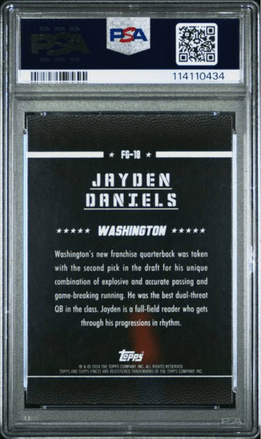 Back of graded PSA 10 Jayden Daniels rookie card showing black background, white text biography, and Topps branding with certification label.