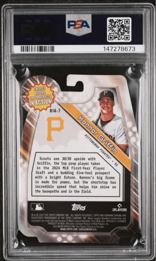PSA-graded 2024 Topps Bowman Draft Konnor Griffin rookie card in protective case, showing front with player photo and text.