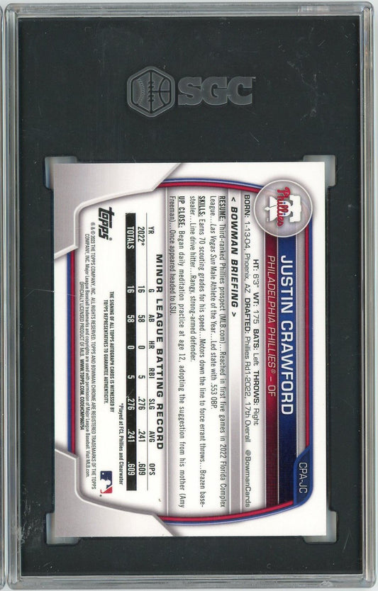 Reverse side of graded baseball card showing statistics, career information, and purple refractor pattern within SGC protective holder.