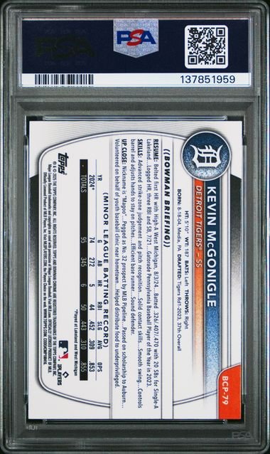 Reverse side of graded baseball card showing white background with blue and orange text, statistics, and player information in protective PSA case.