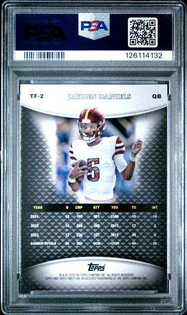 PSA-graded 2024 Topps Finest Jayden Daniels rookie card showing quarterback in white uniform with statistics visible on blue refractor background.