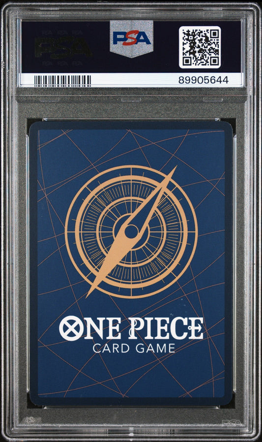 PSA-graded One Piece trading card in clear plastic slab showing blue card back with gold compass design and white text.