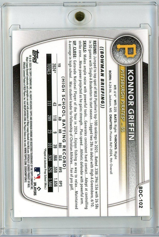 Reverse side of 2025 Bowman Chrome Konnor Griffin rookie baseball card showing statistics, biography text, and yellow geometric design on white background.
