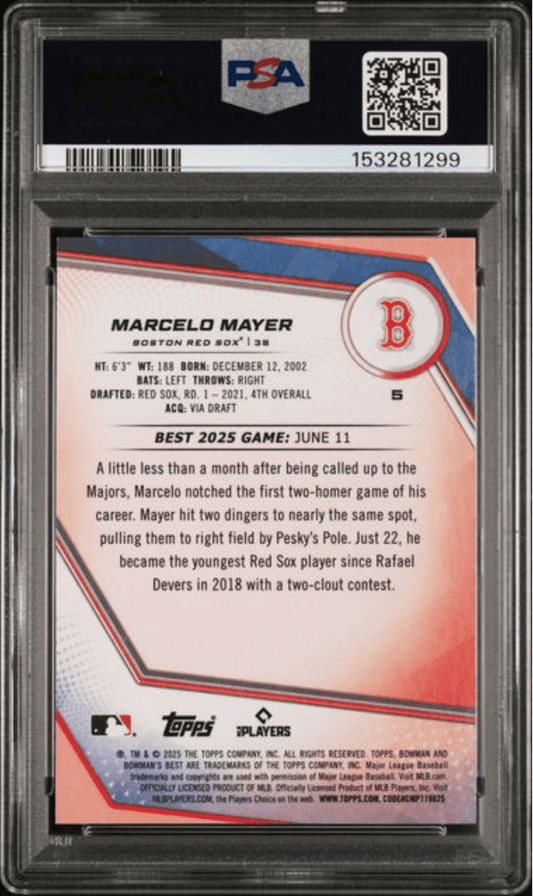 PSA-graded baseball card showing front of 2025 Topps Bowman's Best Marcelo Mayer rookie card with blue and red design, grading label visible at top.