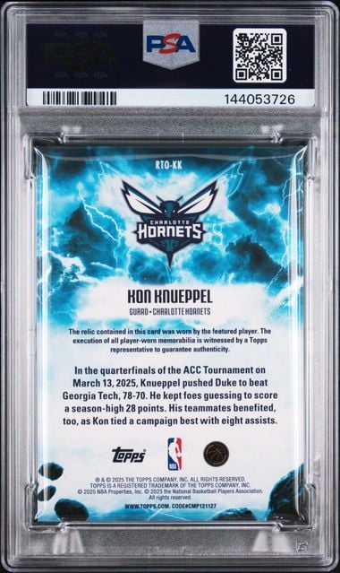 Back of graded basketball card showing Charlotte Hornets logo, player description text, and NBA/Topps branding on blue lightning background.