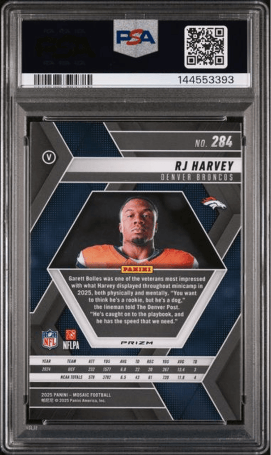 Back of graded PSA 10 football card showing RJ Harvey Denver Broncos rookie with player photo, statistics, and quote text on dark background.