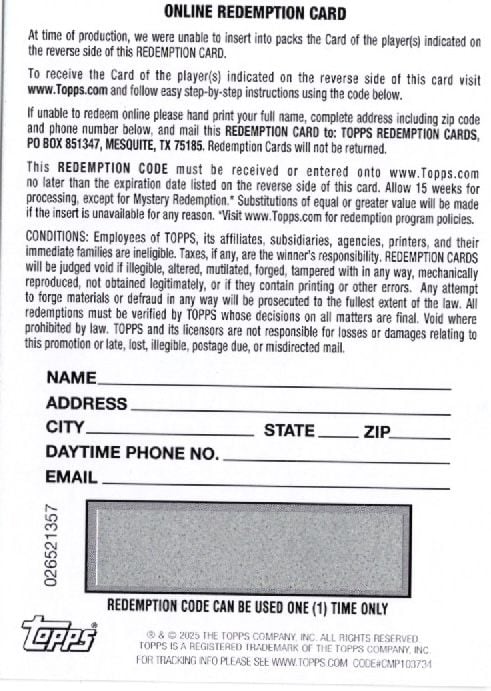 Topps online redemption card featuring blank fields for name, address, contact information, and a gray redemption code box with black printed text and instructions.