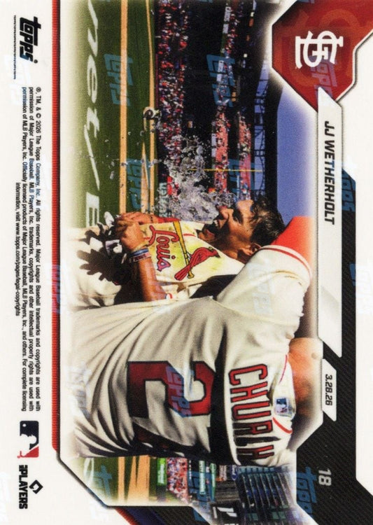 Baseball card showing player in St. Louis Cardinals uniform making diving catch, stadium crowd visible in background, rotated 90 degrees.