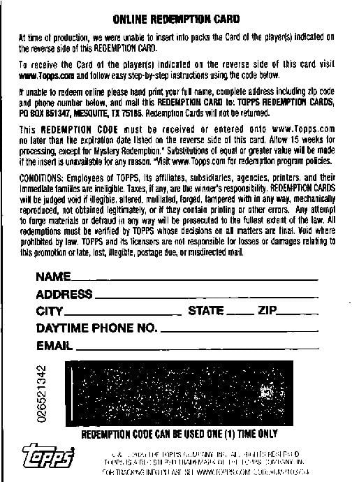 Reverse side of baseball redemption card displaying blank fields for name, address, contact information, and a black redemption code box with printed instructions.
