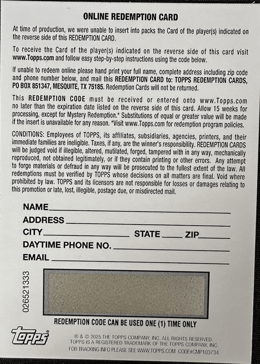 Reverse side of Topps redemption card with blank form fields and scratched-off redemption code box in gray.