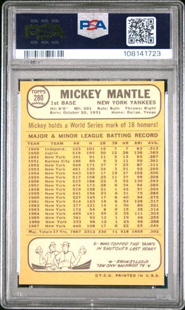 Reverse side of 1968 Topps Mickey Mantle baseball card #280 showing yellow background with career statistics and biographical information in PSA graded holder.