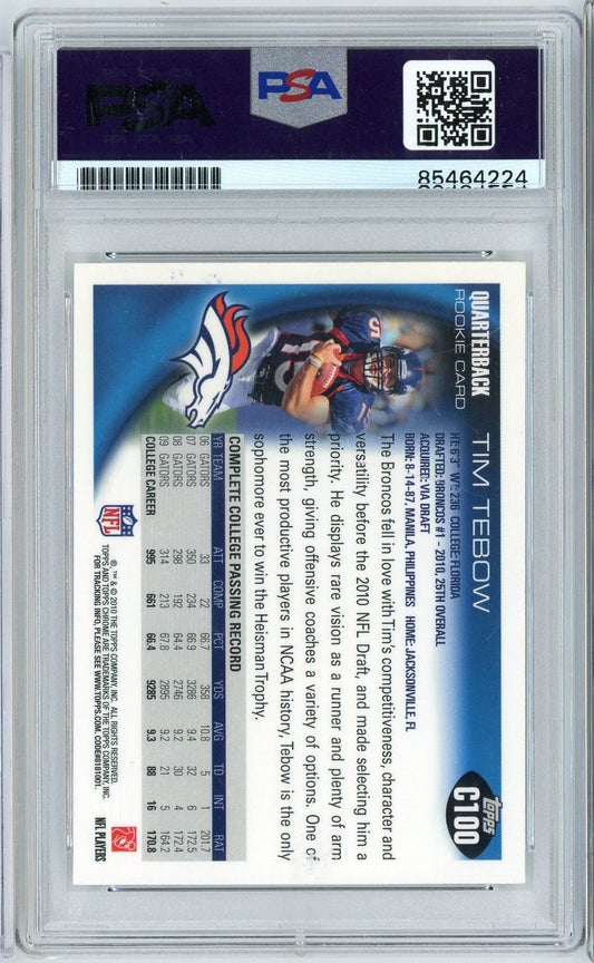 Reverse side of graded PSA trading card showing printed biographical text and statistics on white background within clear plastic case.