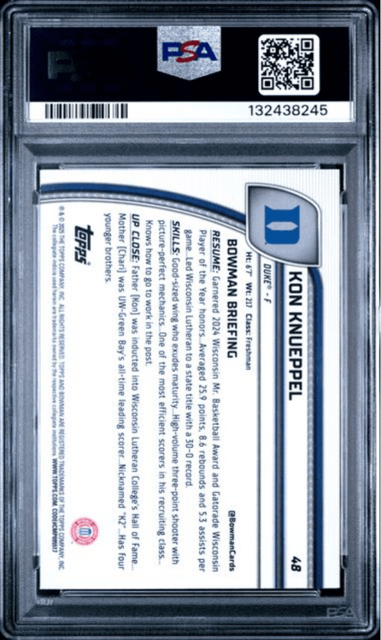 Reverse side of graded PSA 10 Bowman Chrome rookie card showing player biography text, blue Bowman logo, and card number 48 in protective case.