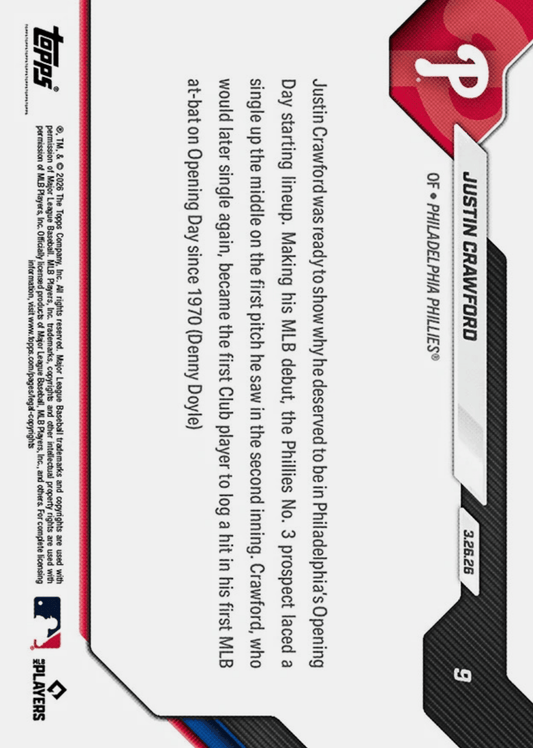 Reverse side of baseball card displaying player statistics and career highlights text on white background with red and black design elements.
