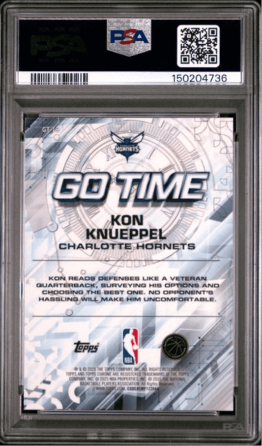 Back of graded PSA 10 basketball card showing Kon Knueppel Charlotte Hornets Go Time design with blue and white printing on white cardstock in clear plastic case.