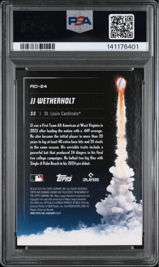Back of graded baseball card showing JJ Wetherholt text, rocket launch image, PSA certification label and barcode.