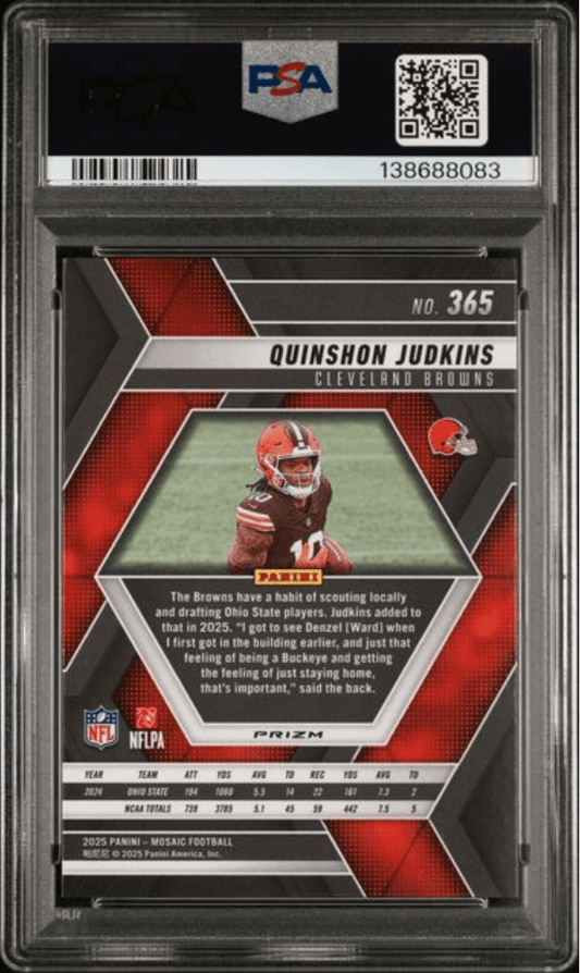 PSA-graded football card in clear case displaying Quinshon Judkins rookie card front with red Browns uniform photo and statistics.