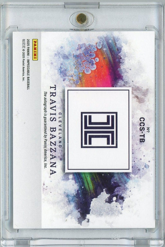 Slabbed trading card featuring colorful watercolor design with geometric logo and "Travis Bazzana" text on white background.
