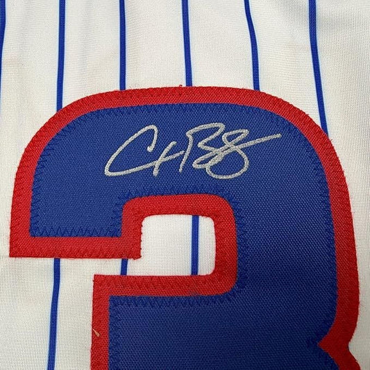 Close-up of autographed blue and red Chicago pinstriped jersey front showing signed initials on chest area.