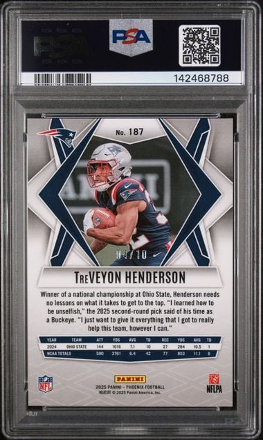 PSA-graded 2025 Panini Phoenix TreVeyon Henderson rookie card #187 displaying front with navy diamond frame, player photo, and numbered /10 designation.