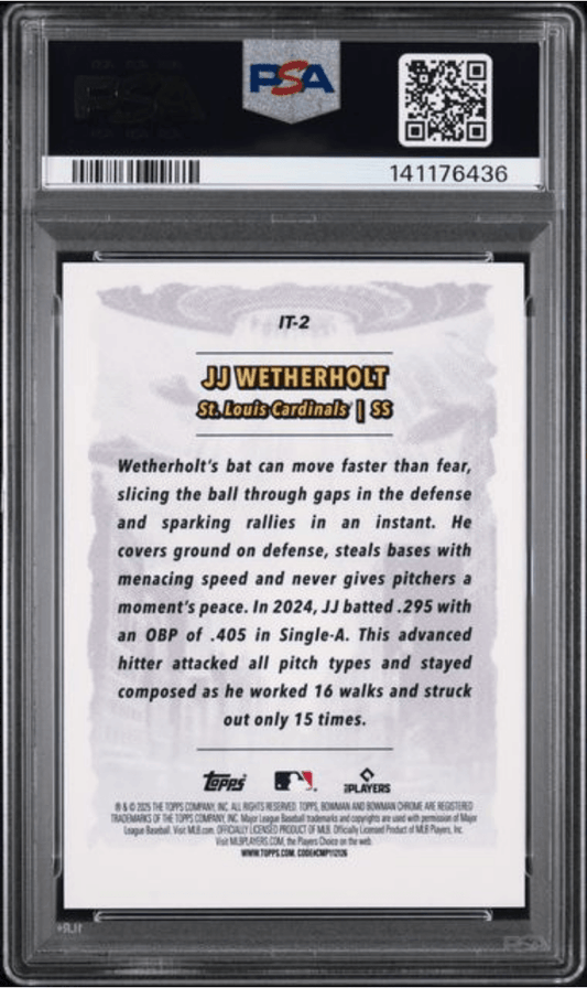 Back of PSA-graded baseball card showing JJ Wetherholt player biography text on white background in protective case.