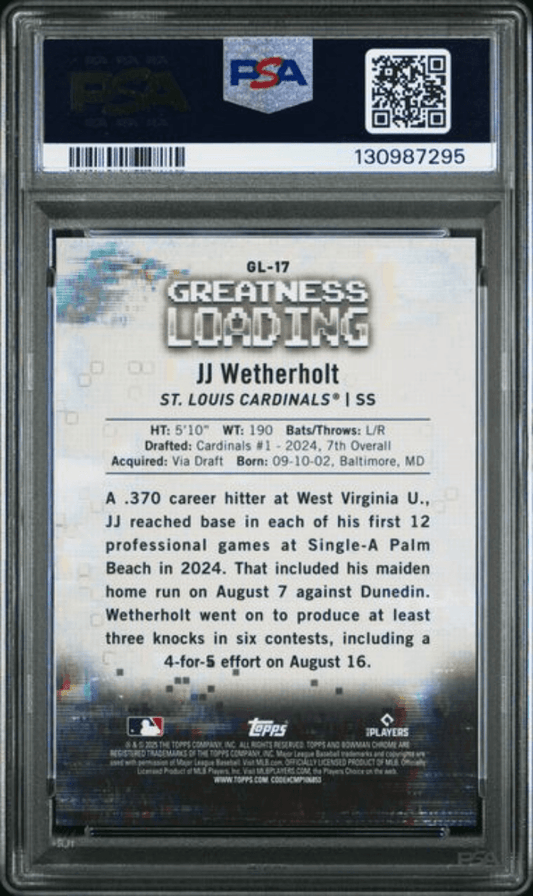 Back side of graded baseball card in plastic case showing player bio text, PSA label with barcode and QR code, and Topps branding on dark background.