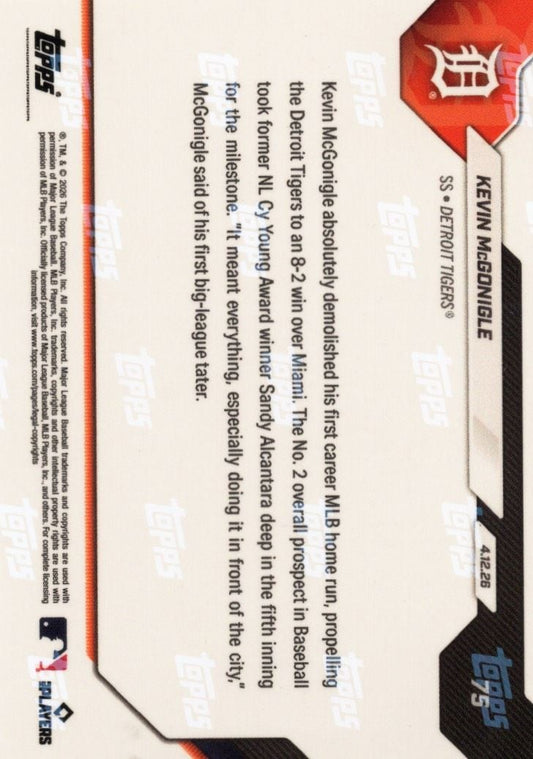 Reverse side of baseball card displaying player statistics and career achievements text on cream background with red and black design elements.