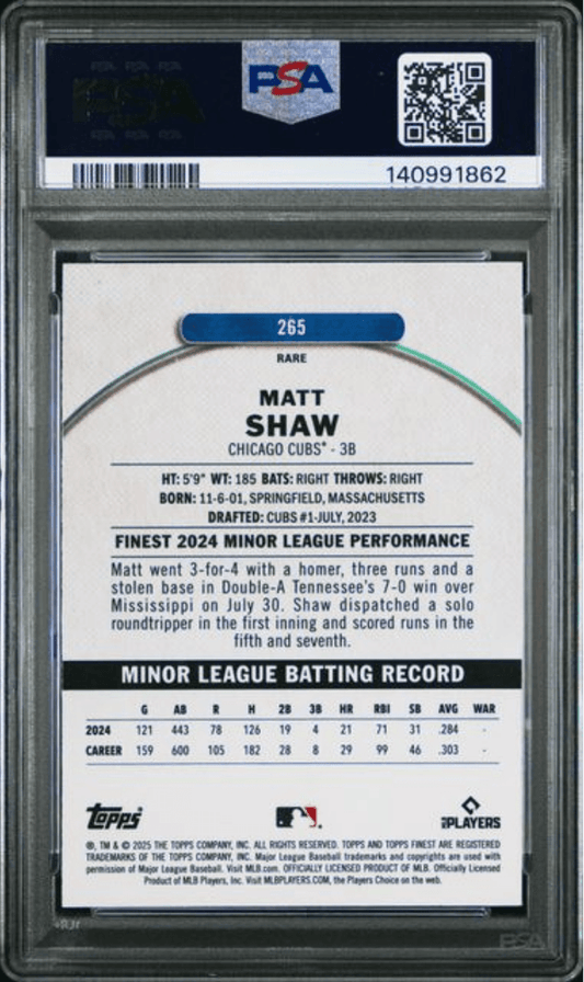 Back of graded baseball card showing Matt Shaw Chicago Cubs player statistics, minor league batting record, and PSA certification number 140991862 in protective case.