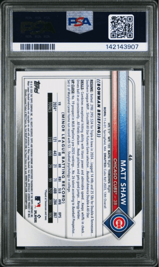 Back of graded baseball card in PSA holder showing player statistics, text, and Chicago Cubs logo on white background with blue accent stripe.