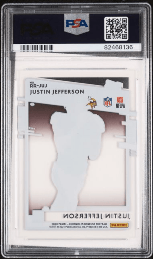 PSA-graded trading card in clear plastic case showing Justin Jefferson rookie card front with white silhouette, Minnesota Vikings logo, and card number visible.