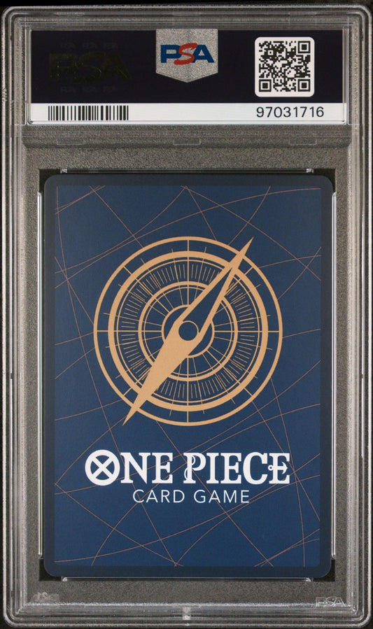PSA-graded One Piece trading card in clear holder showing blue card back with gold compass design and white text.