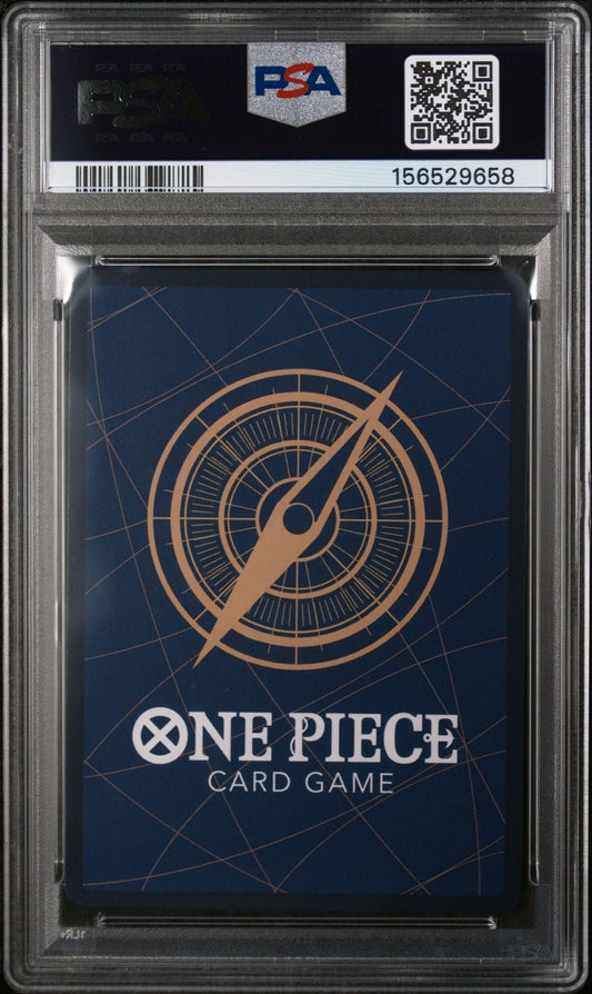PSA-graded One Piece Card Game booster pack in clear plastic case showing blue back design with gold compass symbol and white text.