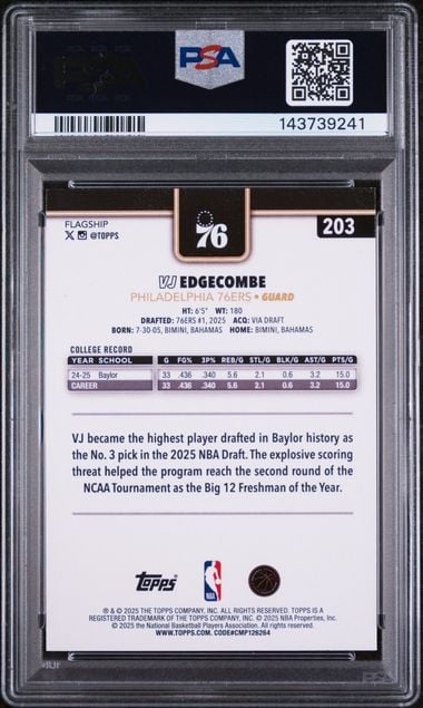Reverse side of graded basketball card showing player statistics, college record, and biographical text against white and brown background in protective case.