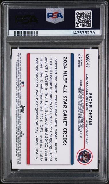 Reverse side of graded baseball card showing white background with blue and red borders, player statistics text, and PSA certification details visible.